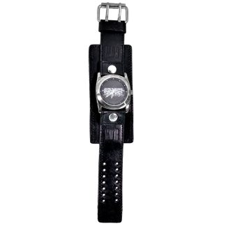 GUNS N ROSES Leather Band Wrist Watch Triple Wide Silver Rings