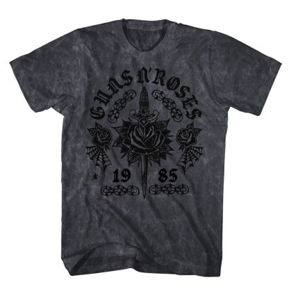 GUNS N ROSES Rose Tattoo Flock Technique Black Mineral Wash T-shirt