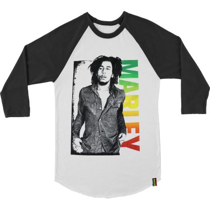 BOB MARLEY Waist Up Boxed Photo Of Bob With Vertical Marley Logo Baseball Jersey